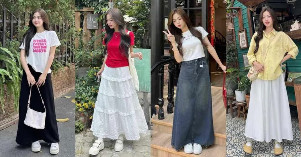 Trends ဖြစ်နေတဲ့ Skirt အရှည်လေးတွေနဲ့တွဲဝတ်ဖို့အတွက် ပေါ့ပါးမှုရှိစေမယ့် Outfit Idea များ