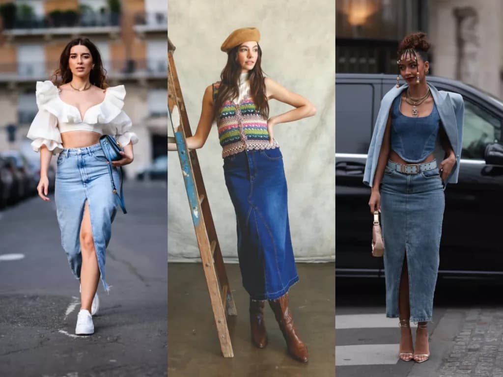 ’90s Vibe ကို ပြန်ရစေမယ့် Long Denim Skirt Outfits Ideas များ