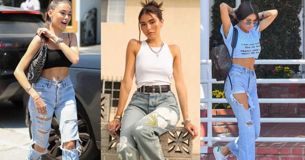 အမေရိကန်လူငယ်အဆိုတော် Madison Beer ရဲ့ အထာကျကျ ဂျင်းဘောင်းဘီအပြဲ Ripped Jean စတိုင်များ